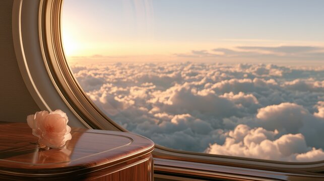 A view from a private jet window overlooking a sea of clouds at sunset with a delicate pink flower on a polished wooden table