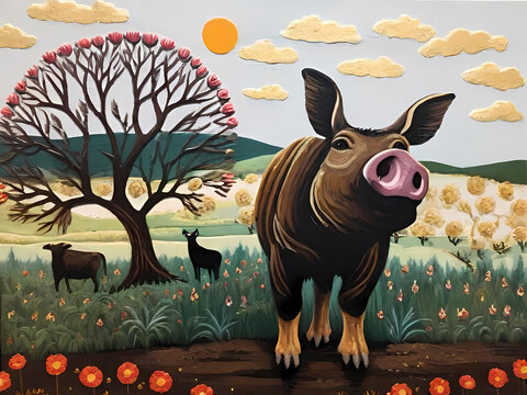 Vibrant digital painting of a large stylized pig in a sunny countryside landscape with cows a blooming tree and gold clouds