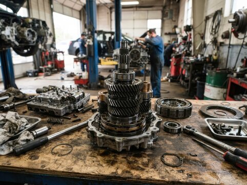 A close-up view of a disassembled automatic transmission gear from a car, laid out on a workbench in a garage or repair shop, ready for repair or maintenance. Detailed vehicle component. Industrial