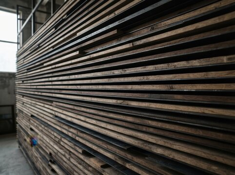 A high-contrast, abstract monochrome texture composed of tightly stacked horizontal layers or panels, with repetitive lines forming a strong, rhythmic pattern suitable for minimalist or industrial