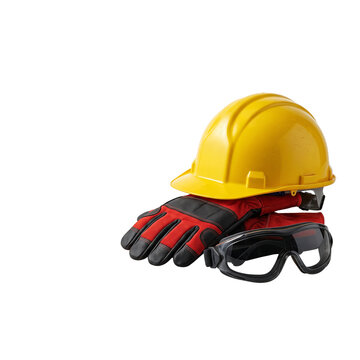Yellow hard hat, red gloves, and safety goggles isolated on transparent background.