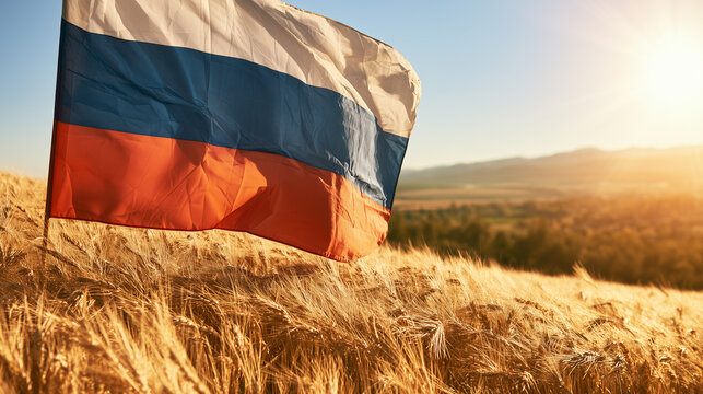 Russian flag flying proudly above rolling wheat fields under a bright summer sky, golden countryside softly blurred in the background
