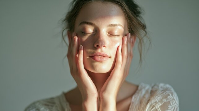 Closeup portrait of a young woman with natural makeup and glowing skin, hands gently touching her face, soft sunlight casting shadows