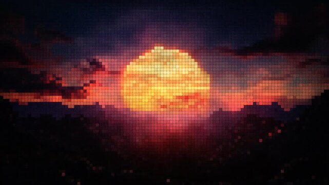Dramatic pixelated sunset with a massive glowing sun and red clouds over a mountain silhouette. 8-bit retro gaming background.