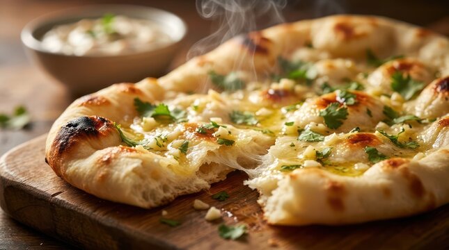 Warm garlic naan bread broken open showing fluffy texture with herbs butter and yogurt dip.