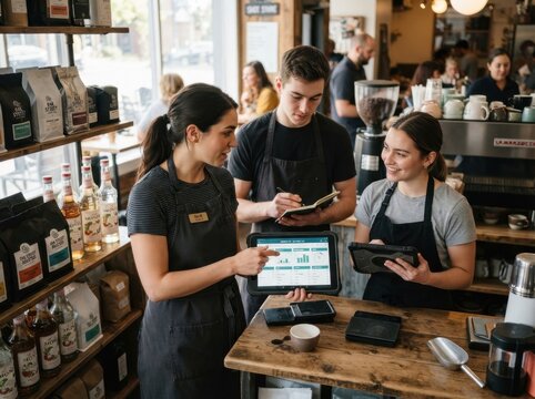 Waiters, teamwork, and tablet‑using staff in a caf&eacute; train baristas, count , and manage inventory, while the hospitality industry discusses digital technology for coffee shop systems or order