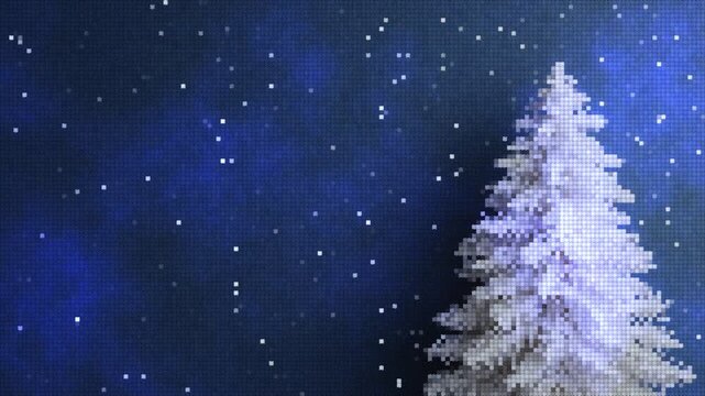 Festive pixelated white Christmas tree against a deep blue starry night sky. Retro 8-bit holiday background with digital snow.