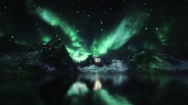 Majestic green aurora borealis reflecting in water. 8-bit retro pixelated night landscape scene with glowing starry sky.