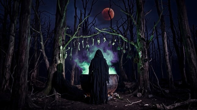 Halloween 2026 dark fantasy scene with a mysterious witch brewing magic poison in the forest