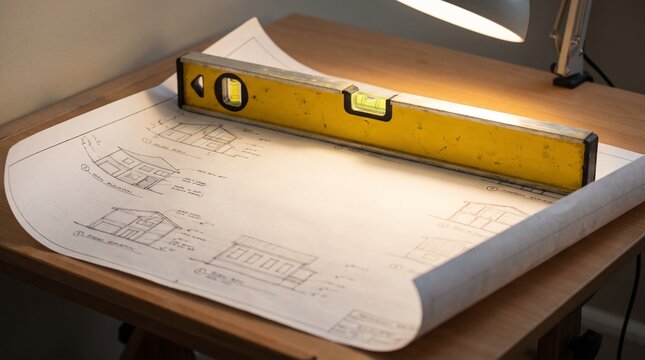 Yellow spirit level tool resting on architectural blueprints on a wooden desk under a lamp