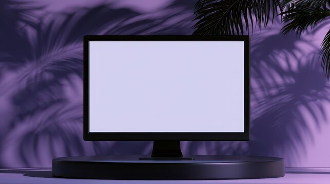 Blank computer monitor screen on a dark pedestal against a purple wall with palm leaf shadows