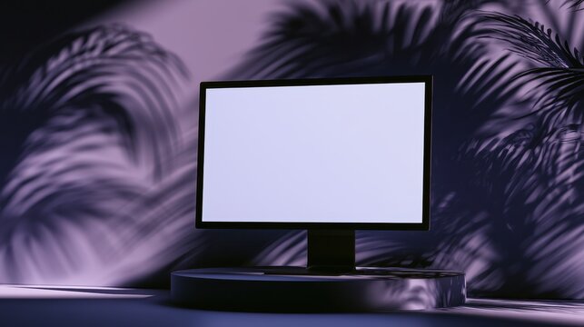 Empty computer display on a round stand with tropical palm shadows on a purple background