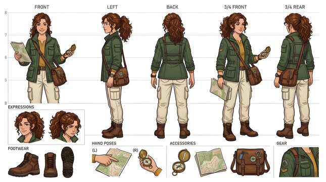 A detailed character concept art sheet featuring a female explorer in various poses with equipment accessories and clothing details for video game design