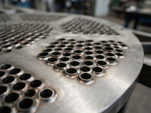 A close‑up view of a stainless steel heat exchanger tube sheet, where tubes are joined by orbital welding to create a precise industrial metallic pattern