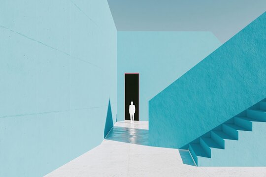 A vast bright blue architectural interior with a tiny white human silhouette standing at a dark doorway, for business success and opportunity concepts