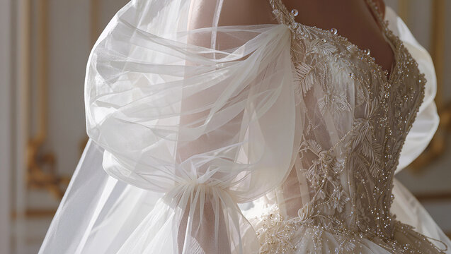 Detail of a beaded wedding gown bodice with sheer tulle sleeve and pearl embroidery in soft light, bridal fashion close up