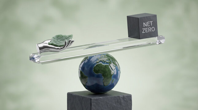 Net Zero Carbon Emissions Concept Featuring Glass Scale Balancing Green Leaf and Corporate Goal on Earth Globe