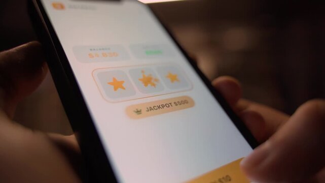 Hands holding smartphone with slot machine app showing jackpot win close-up