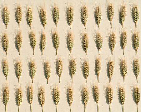 Dried wheat and barley stalks in parallel rows on unbleached cotton canvas for Rosh Hashanah harvest packaging and Jewish New Year surface design