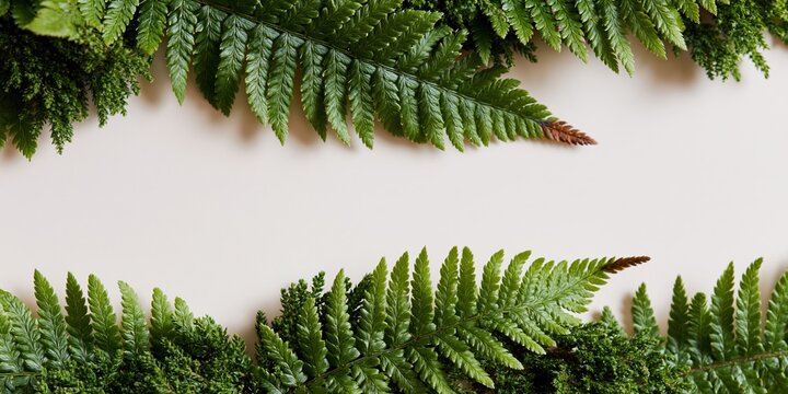 Green fern fronds arranged as a top and bottom border on a cream background, featuring lush feathery foliage and textured leaves for natural layout designs and copy space