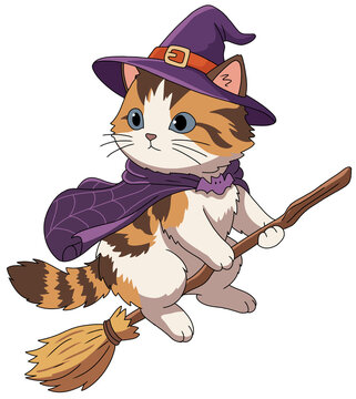 Cute cartoon cat dressed as a witch flying on a magic broomstick, Halloween kitten vector illustration isolated on white background