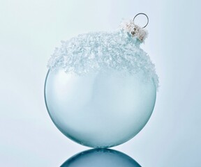 Fototapeta premium Frost covered glass bauble with ice crystals on a cool blue gradient background for winter holiday product mockups and seasonal designs