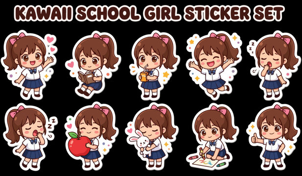 School girl stickers showcase a variety of cute chibi characters in uniform performing daily academic and playful tasks for creative projects.