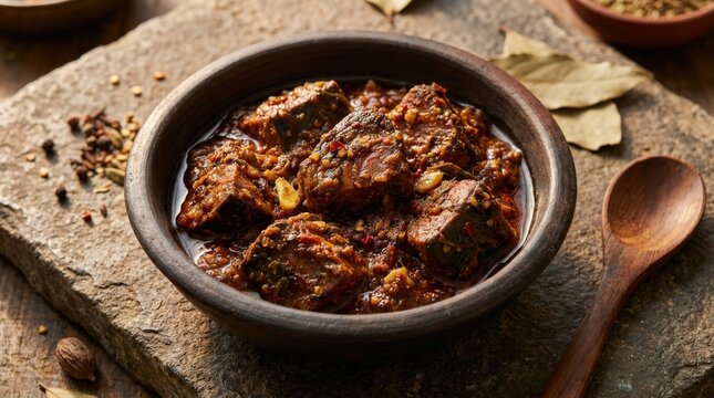 A rustic clay bowl filled with aromatic spicy tuna garo rica, showcasing a rich and oily red chili curry texture, presented elegantly on a natural stone surface for a traditional culinary display.