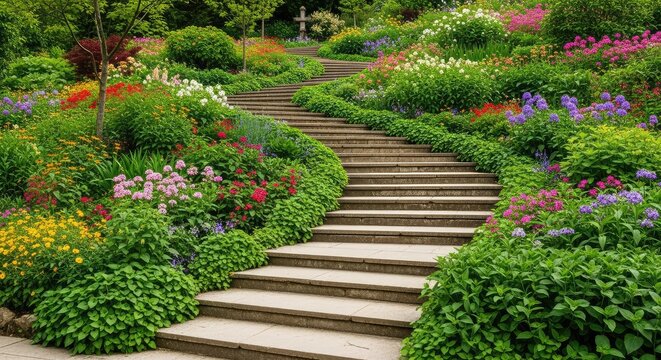A stunning terraced garden features weathered stone stairs winding through lush green plants, vibrant flowers, and scenic landscape design, vertical, texture, paradise