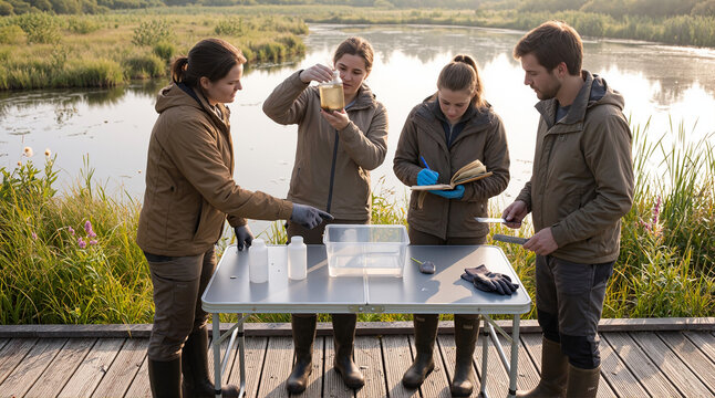 Environmental researchers working together on a field study beside a lake