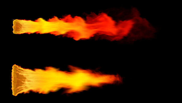 Two fiery jet streams shoot horizontally against a black background, one above the other. The flames transition from bright yellow at the source to deep red at the trailing edges