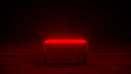 Wooden chest sitting on a wooden floor, glowing with red light from its top edge, in a dark, smoky environment. © Piotr Adamczyk