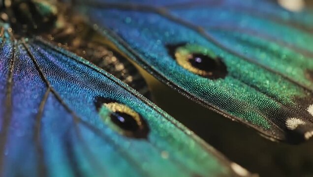Iridescent blue butterfly wing scales macro detail.