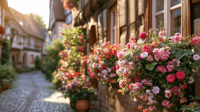 Colorful flower boxes overflowing on a traditional half-timbered house centered in a picturesque German village, cobblestone street softly blurred behind, warm summer sunlight