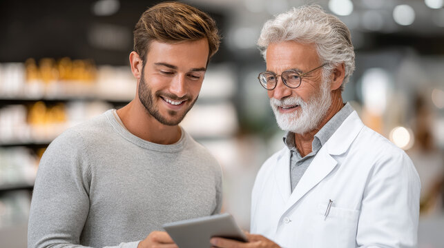 Pharmacist and young man discussing medication details on a digital tablet, receiving expert advice, health support, and pharmaceutical consultation in a modern pharmacy setting