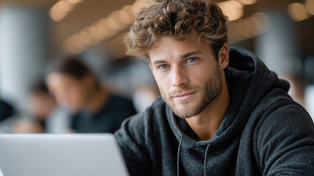 Young male university student working on laptop computer, looking at camera in modern college library, focusing on education, technology, and learning concepts