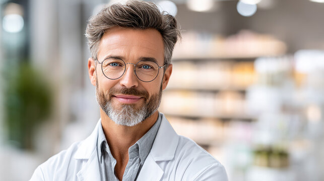 Confident senior man wearing glasses and a white lab coat, standing in a medical or pharmacy setting, representing expertise, trustworthy healthcare, and professional consulting