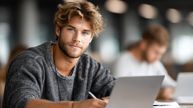 Young male student with blue eyes and curly hair using a laptop in a contemporary university library, symbolizing dedication to academic study and digital learning