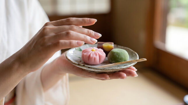 和菓子を載せた小皿を差し出す女性の手元と伝統的な生菓子 おもてなしや茶道のイメージ