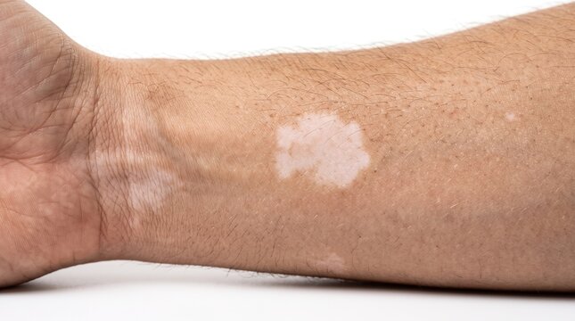 Close up of human wrist arm showing vitiligo depigmentation white patch on skin