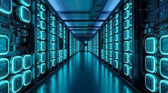 Modern data center server room with rows of glowing blue computer hardware racks for cloud computing infrastructure