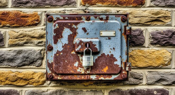 An industrial vintage fusebox made of weathered metal features a securely locked hatch, showing signs of rust and age on a stone wall surface, hatch, historical, equipment