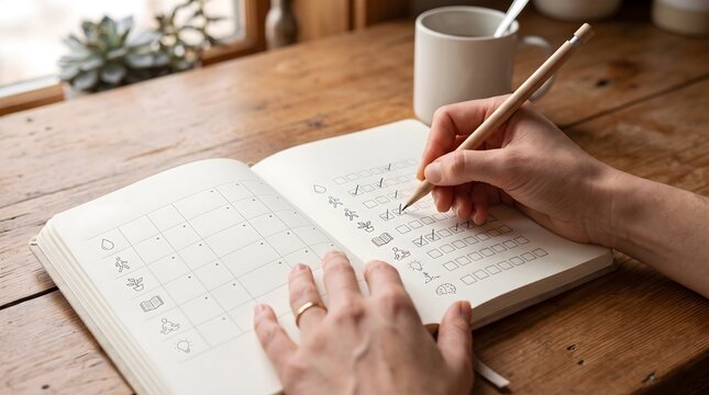 Person checking off tasks in a habit tracker journal with a pencil