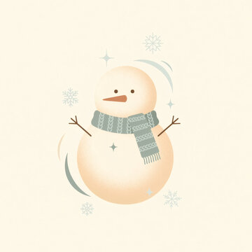 Cute minimalist vector illustration of a cozy snowman with a knitted scarf and soft pastel tones. Perfect for retro winter holiday designs, greeting cards, and seasonal projects.