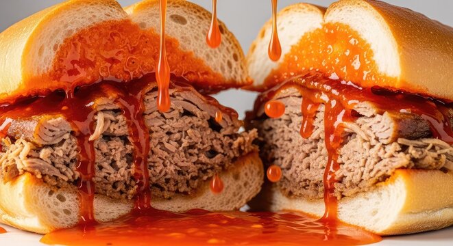 Close up of a savory drowned sandwich filled with pork carnitas, drenched in vibrant spicy red sauce with droplets falling from crusty bread, liquid, juice, carnitas