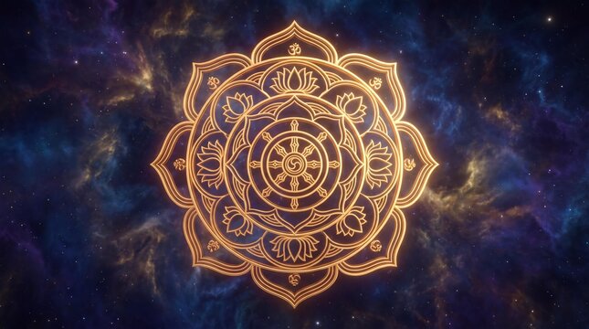 Golden Dharma Wheel Mandala: Intricate golden dharma wheel mandala, symbolizing Buddhist principles of enlightenment, set against a cosmic backdrop of nebulae and stardust, radiating spiritual energy.