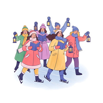Christmas carolers ice skating and singing winter holiday songs