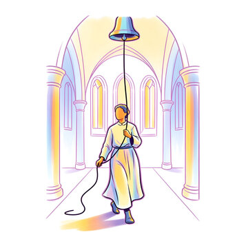 Church bell ringer pulling rope in cathedral illustration