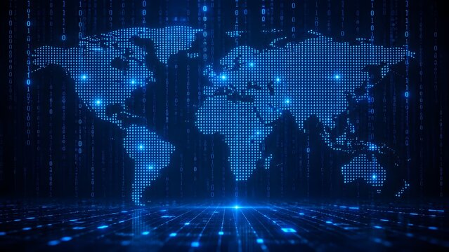 Glowing digital world map with binary code matrix representing global network communication, cyber security and futuristic data transfer