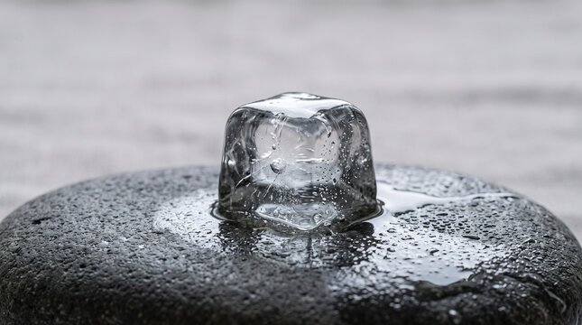 A single transparent ice cube melting on a smooth dark stone surface creating a refreshing contrast between cold solid water and wet textures
